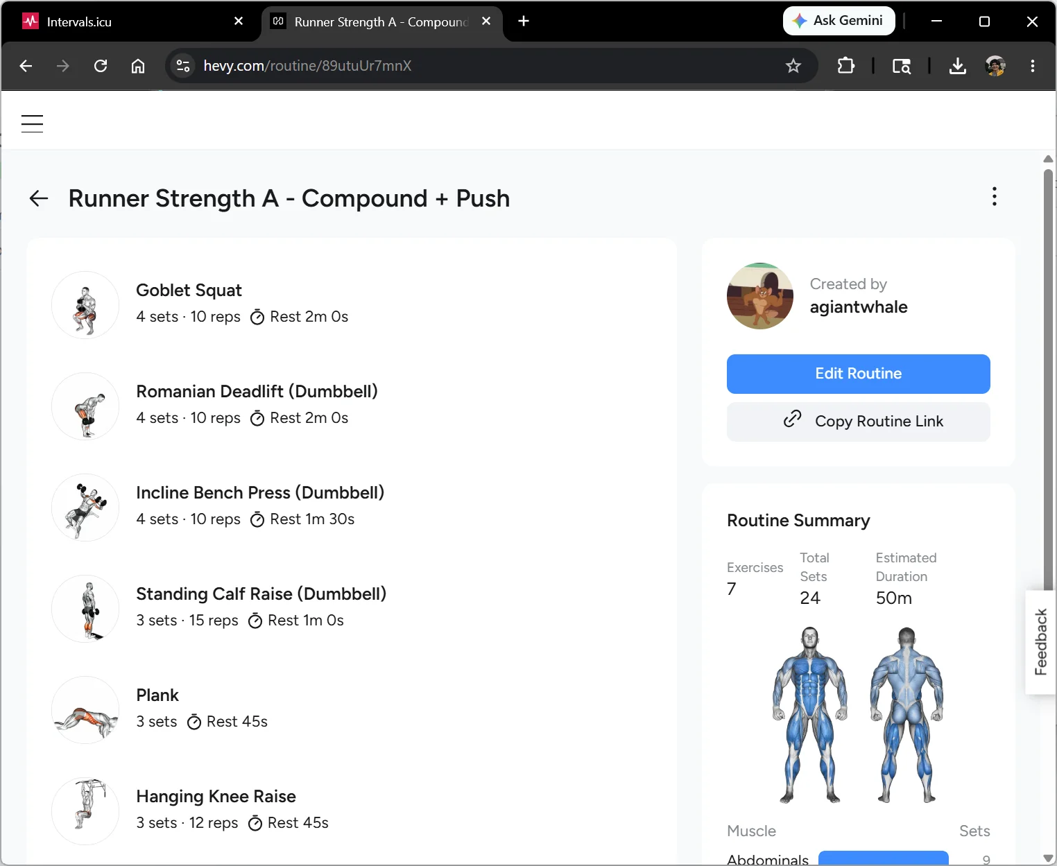 A finished Hevy strength workout mirrored into intervals.icu as a structured activity